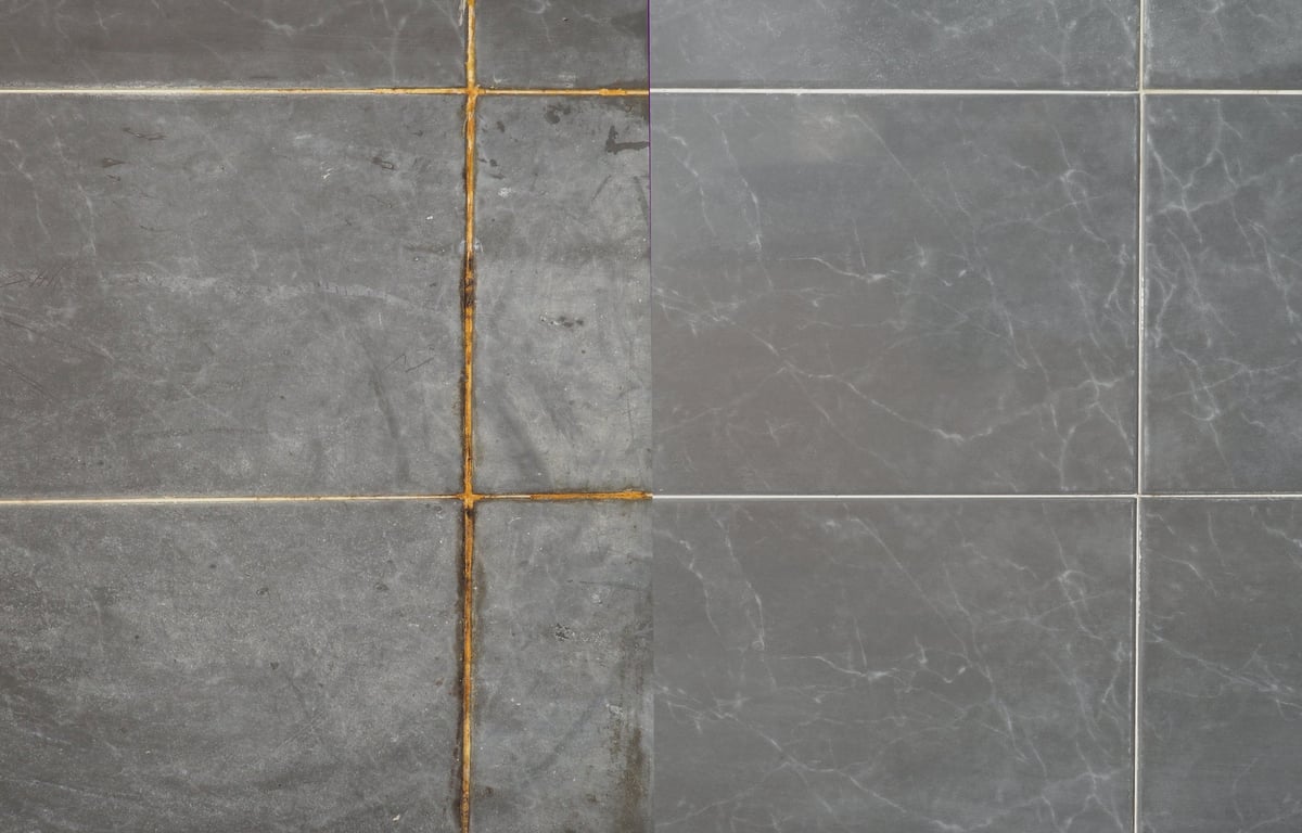 Tile grout before and after professional cleaning and color sealing