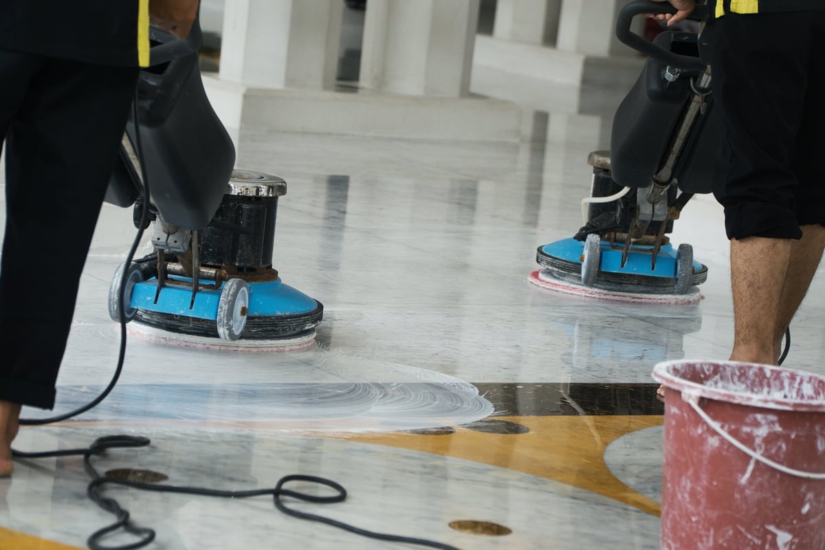 Professional marble floor polishing with diamond abrasive machine
