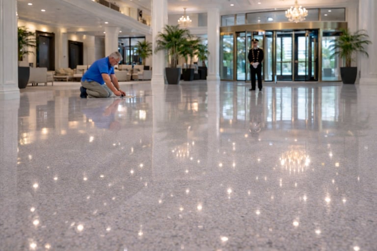 Worker cleaning a shiny polished floor in a modern lobby with plants, chandelier, and glass entrance doors