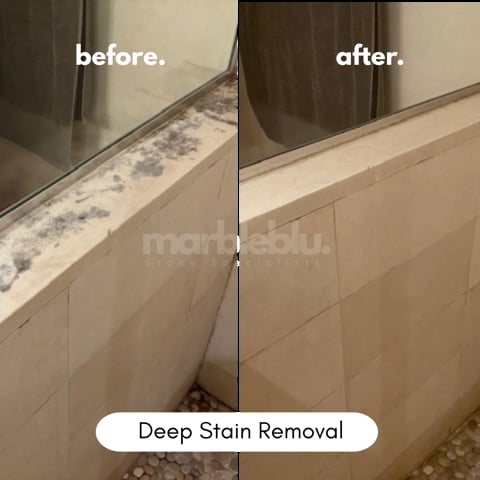 Before and after comparison of deep stain removal on a bathroom tile surface