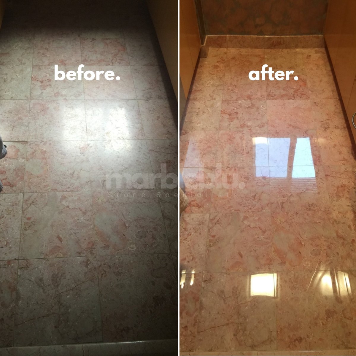 Before and after comparison of tile floor cleaning, showing dull dirty surface transformed to shiny clean marble-look tiles
