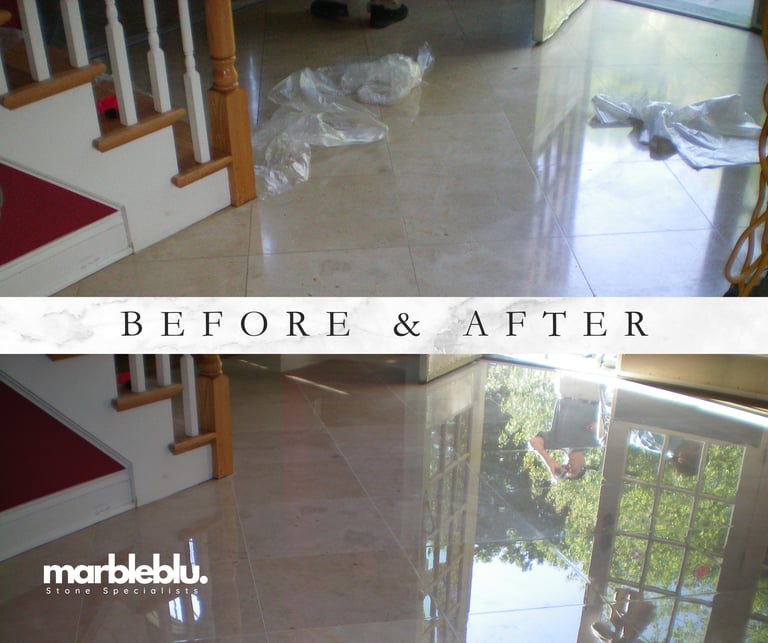 Before and after comparison of stone floor restoration showing dirty tiled floor transformed into clean, polished surface