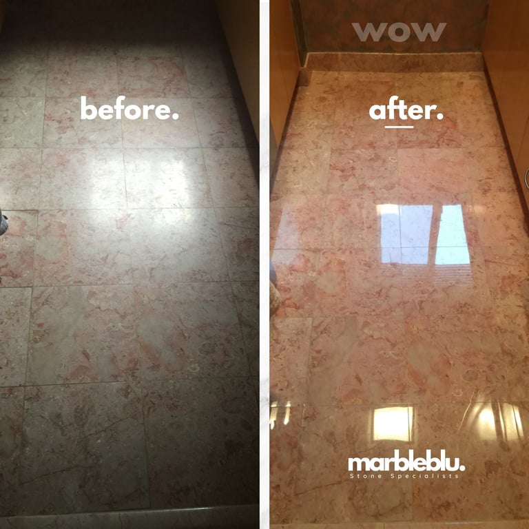 Before and after comparison of dull marble flooring cleaned to restore shine and color