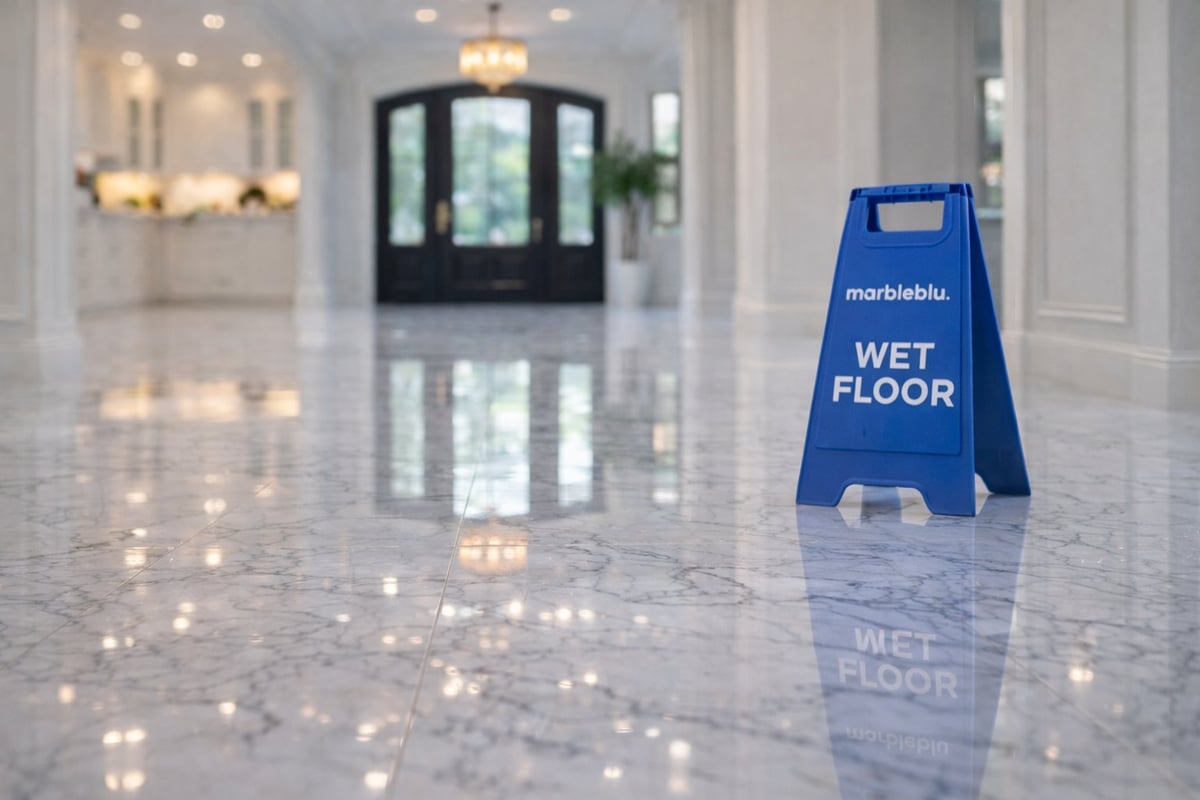 Blue wet floor caution sign on a polished marble floor in a modern lobby with entrance doors and recessed lighting