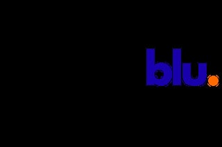 Blu logo with blue lowercase letters and an orange dot